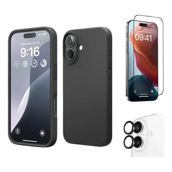 Case Funda Soft Premium Negro Para iPhone 16 + Micas