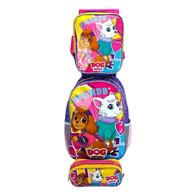 Mochila De Rodinha Com Alça Dogs Friends Lancheira E Estojo