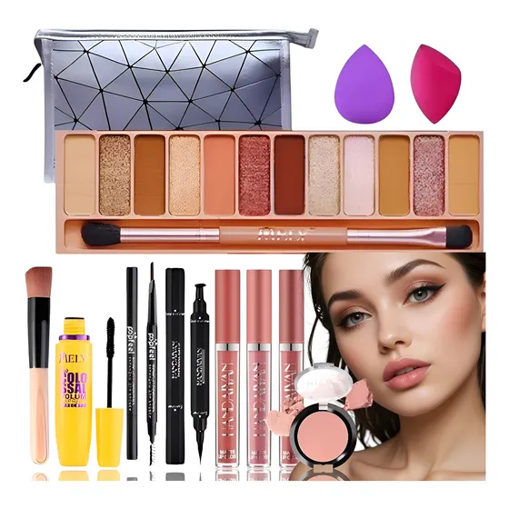 Set Maquillaje Completo Sombras Labiales Mascara Estuche X12