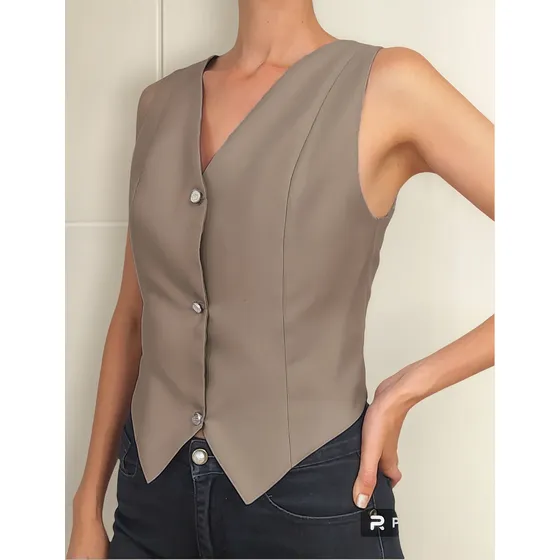 Chaleco Mujer Elegante Casual Cuello V Puntas Corto Tallado