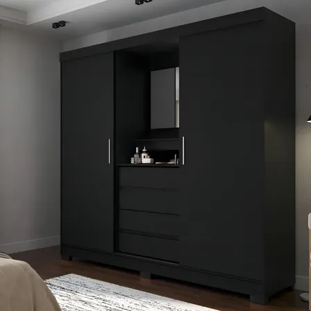 Guarda-roupa Italo Casal 2 Portas De Correr Com Espelho e Porta Jóia Cor Preto Fosco