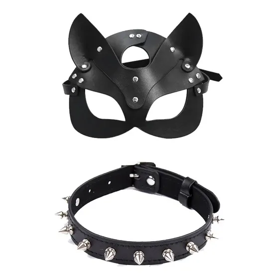 Máscara Antifaz Tachas Gatubela + Collar Puntas Gatita