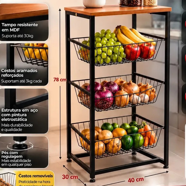 Estante 3 cestas para frutas e bebidas