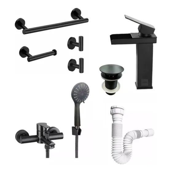 Juego De Baño Completo Color Negro Mate Grifería Selen Acra