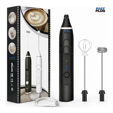 Mixer Misturador De Bebidas E Ovos Portátil Elétrico Bateria Fast Plug Preto