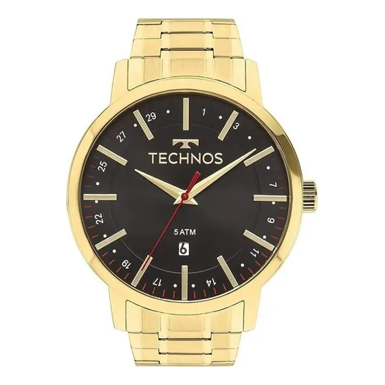 Relógio Masculino Technos Dourado Com Fundo Preto Com Calendário Prova D´Agua 50 metros Analógico Causal Sport Fino 2115MMKTDY/4P