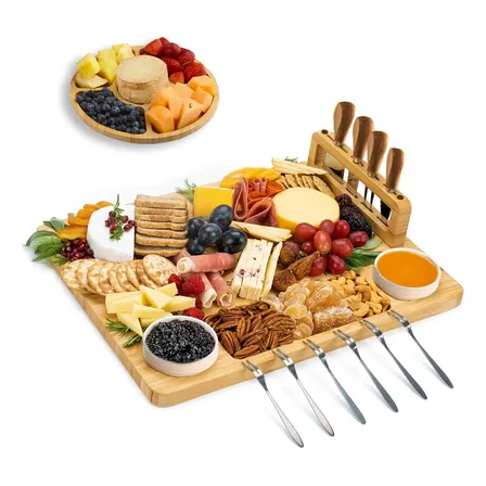 Kit Tábua Grande Para Queijos E Frios Com Petisqueira Bambu Circular Tabua De 40cm X 29,5cm Para Servir E Organizar Mesas Encontro Familiar Amigos E Romantico Cor Marrom