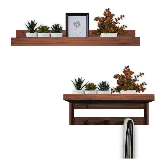 Kit Repisa Estante 80 + Perchero Madera Organizador 40 Sajo Color Cedro