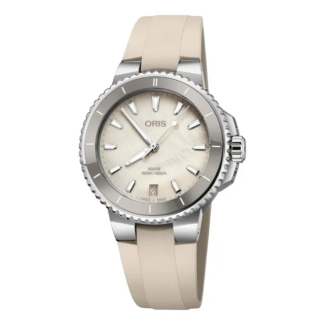 Reloj Oris Aquis Date Mod. 01 733 7792 4151-07 4 19 61fc Correa Crema Bisel Plateado Fondo Blanco