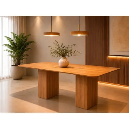 Mesa De Jantar 6 Lugares 180 X 90 - Base Ripada Retangular Marrom-claro
