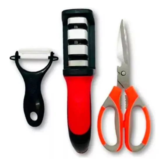 Set Afilador Cuchillos 3 En 1 + Pelador De Papa + Cuchillo