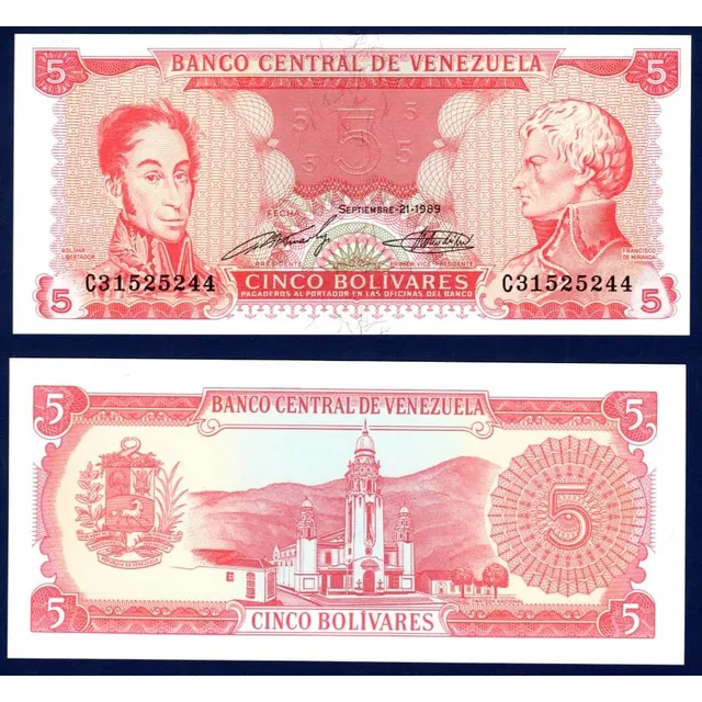 Billete 5 Bolívares C8 Septiembre 21 1989 Bolívar Y Miranda