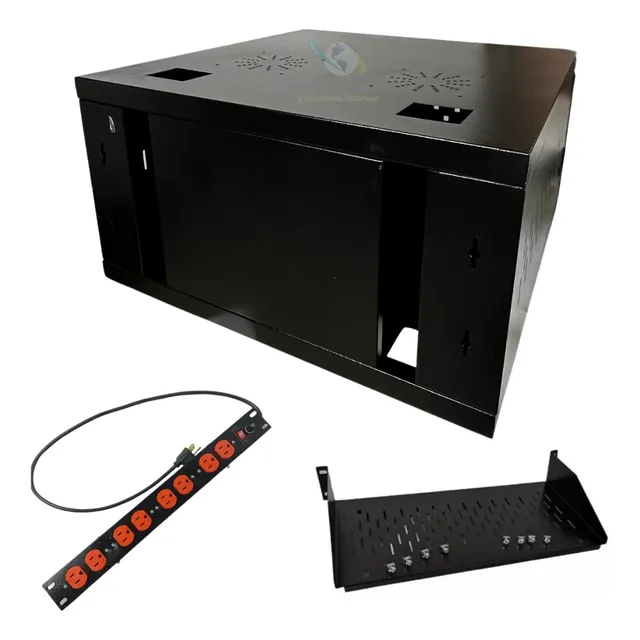 Rack Gabinete 5ru Pared Con Bandeja 25 Cm  Y Multitoma 8 Ser