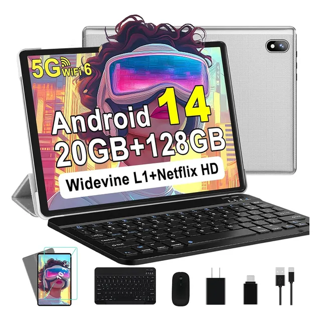 2025Tableta Android 14 Hd Ips Tablet 10.1 Android 14 20gb+128gb/1tbtf Wifi 6 8 Nucleos Con Funda Color Plateado Tableta 2 En 1 Con Teclado Mouse Funda Newest Tablet Widevine L1, Bt 5, 6000mah 5mp+8mp