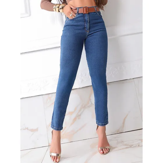 Calça Jeans Mom Com Lycra Cintura Alta Modela Afina Cintura
