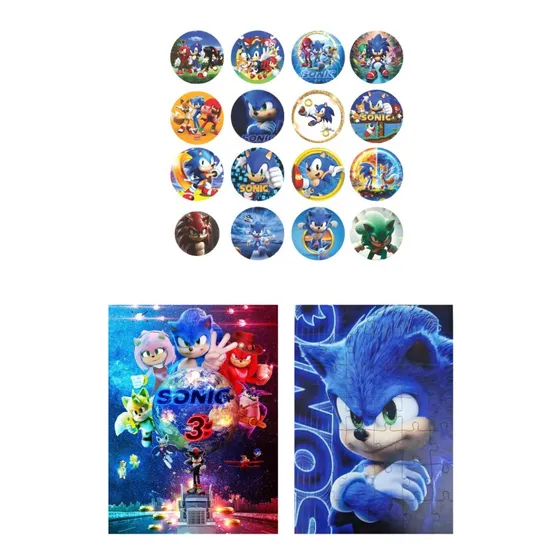 Quebra Cabeça 42 Peças (2 Unid) + Jogo Da Memória Mdf Sonic