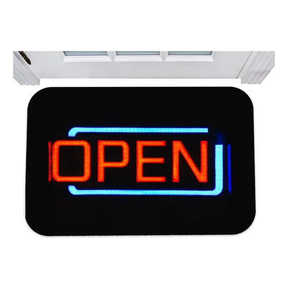 Capacho Open Neon Letreiro Luzes Tapete Para Porta 40x60