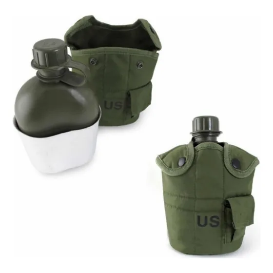 Cantimplora Militar De 1 Litro Con Funda Y Tasa De Aluminio