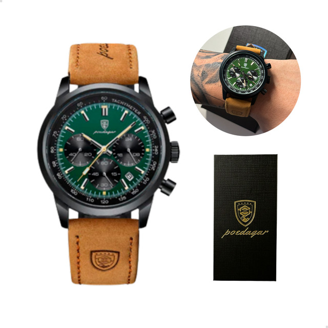 Relógio Luxo Poedagar Masculino Pulseira Em Couro Funcional