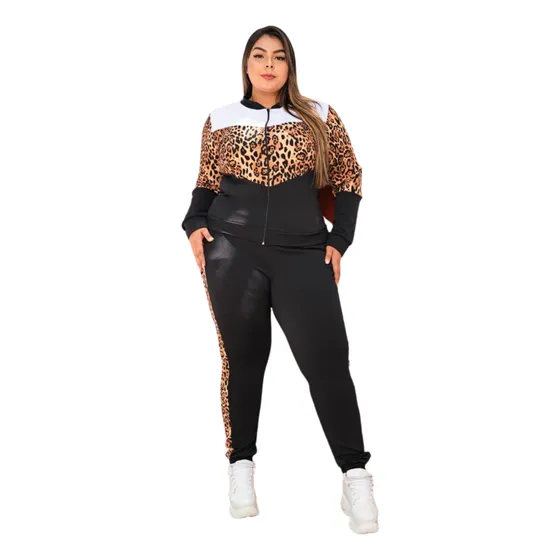 Conjunto Feminino Plus Size Onça Blusa Ziper E Calça Jogger