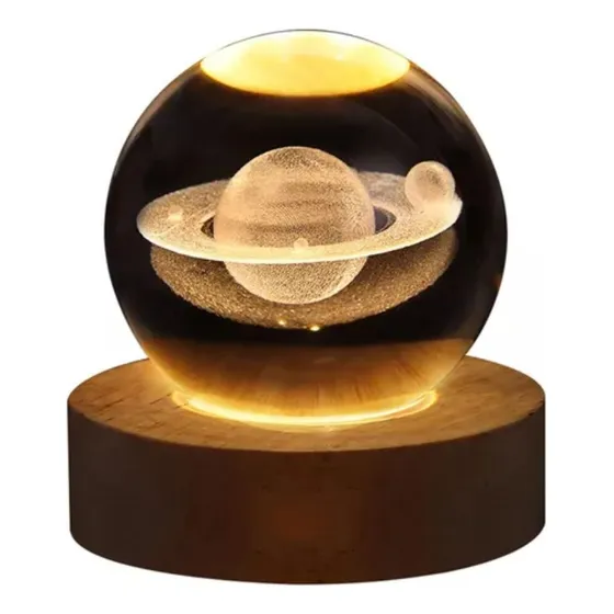 Lampara 3d Bola de Cristal Saturno con Base Madera Estructura Transparente Colnova CNV 473 110v