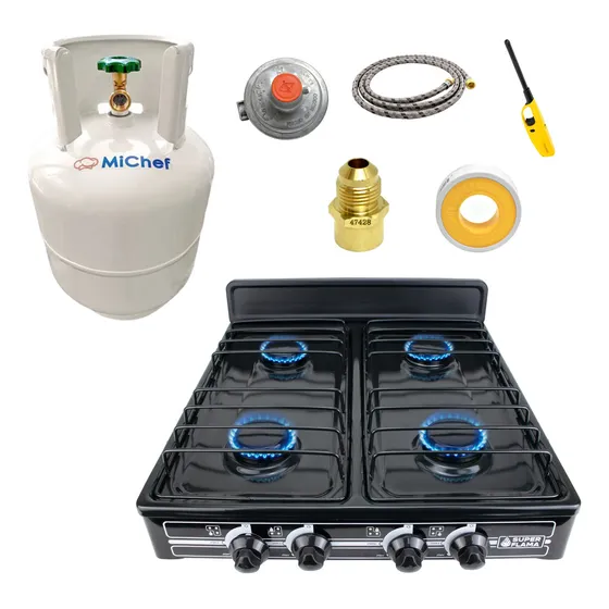 Parrilla 4 Quemadores + Tanque De Gas 10 Kg + Regulador Gas Color Negro