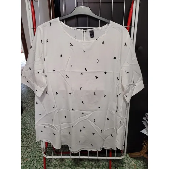  Blusa Casual Larga Con Estampado De Pájaro