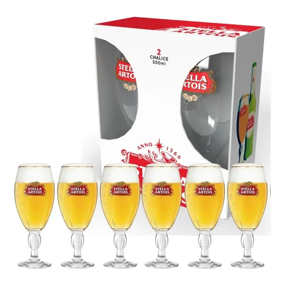 6 Copas De Cerveza Stella Artois 500 Cc Borde Dorado En Caja