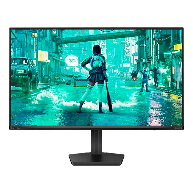 Monitor Gamer Philips Evnia de 27 polegadas com tela exibindo jogo de ação em ambiente urbano futurista, montado em base preta ajustável.
