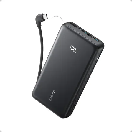 Cargador Portátil Powerbank Anker Zolo 20000mAh, 22.5W Carga Rápida, Bateria Externa con Cable USB-C Integrado y Puerto USB-A y USB-C Adicional, para iPhone/Samsung/Motorola Celular/Tablet Negro