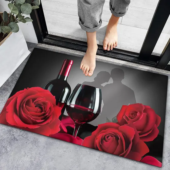 Felpudo Dia San Valentin Vino Rojo Rosa Flor Alfombra Baño