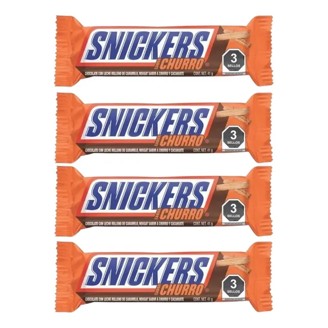 Chocolate Snickers Sabor Churro Pack 4 Barras De 41g