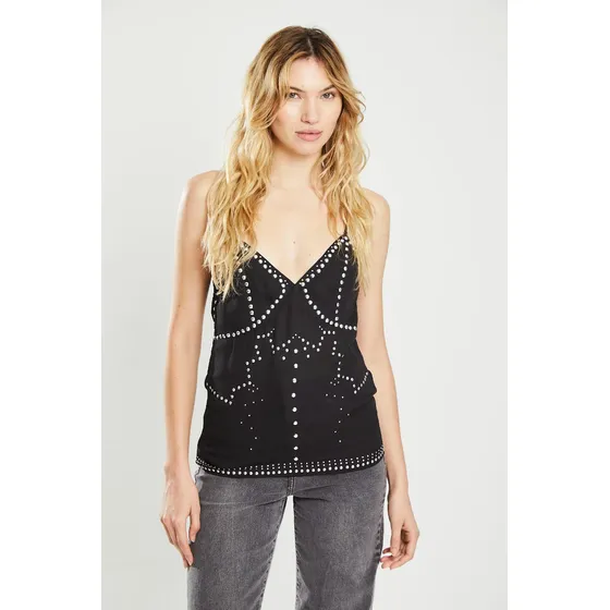 Musculosa De Gasa Con Tachas - Negro - Koxis Mujer