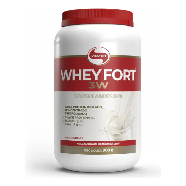 Pote de Whey Fort 3W da Vitafor sabor neutro com 900g, exibindo informações nutricionais como 25g de proteína, 5g de BCAAs e 12g de EAAs.