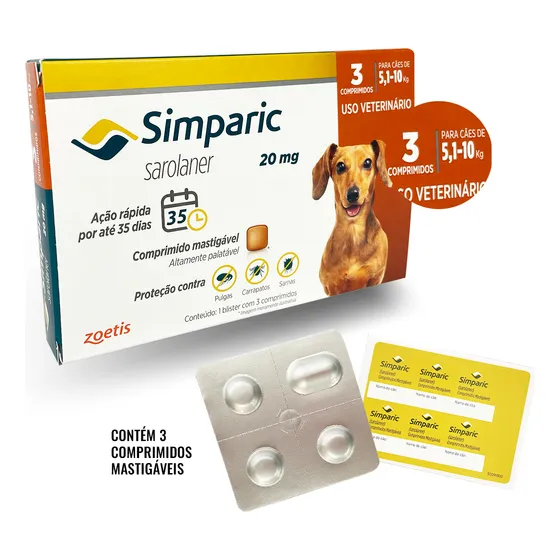 Simparic 20mg 5 A 10kg Antipulgas Com 3 Comprimidos P/ Cães