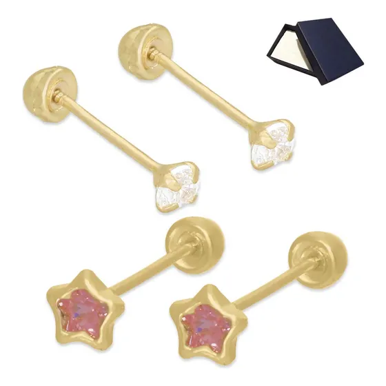Aretes Broqueles Oro 10k Estrella Estrellas Mujer Bebe Niña 2 Pares Dos Pares Broqueles Piercing Perforación Mujer Dama Niña Broquel Basicos Bebe Niña Mujer Aretes Oro 10k Oro Puro 10k Rosa