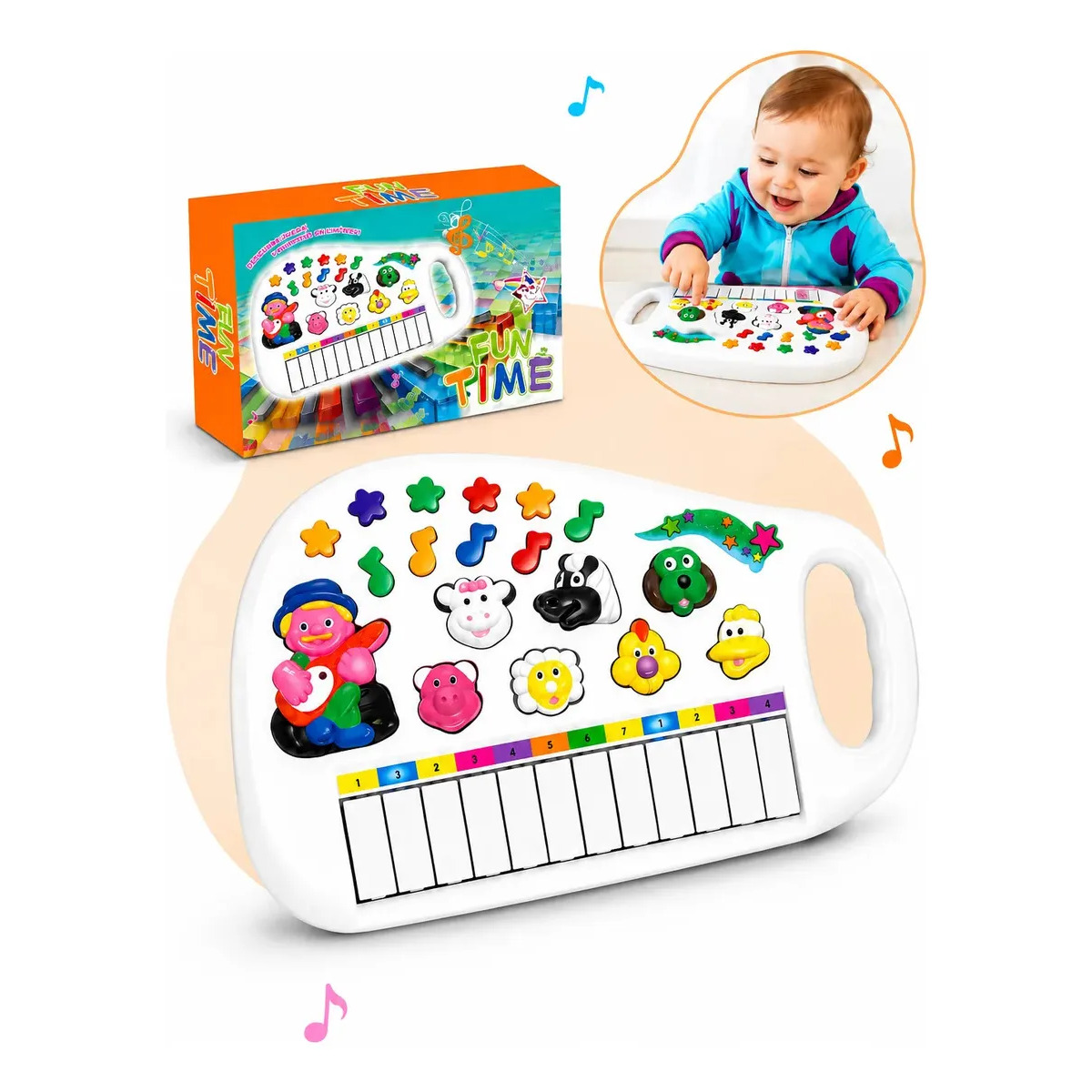 Teclado Fazendinha Piano Pianinho Infantil Bebê Criança Musical Com Som De Animais 12 Teclas Branco Kizumba