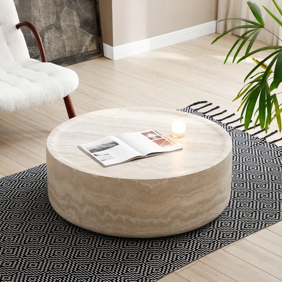 Mesa Auxiliar Redonda 100 Cm Textura Travertino Sintético