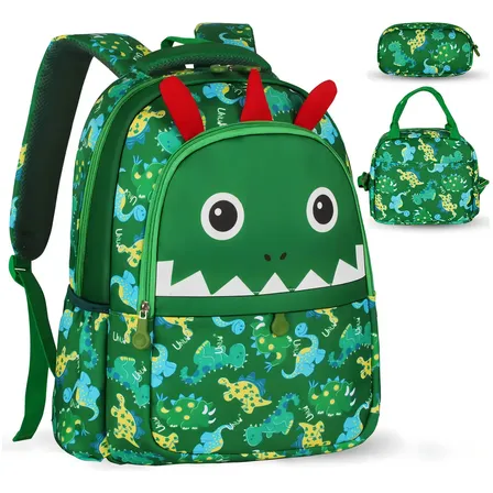 Mochila Niños 3piezas Con Locnhera Y Lapicera, Bag Mochila Escolar Viaje Primaria Preescolar, Mochila Uniuni Reforzada Impermeable Diseño Dinosaurio Color Verde