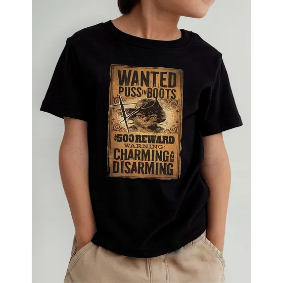 Camiseta Gato De Botas Wanted Camisa Infantil Camisa Preta