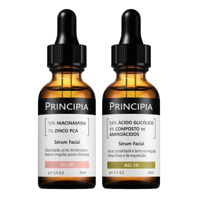 Dois frascos de sérum facial Principia, um com rótulo Nc-10 e outro com rótulo Ag-10, ambos com conta-gotas e embalagem de vidro âmbar.