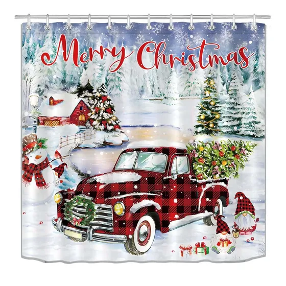 Kryfa Cortina Ducha Camion Rojo Navidad Para Baño Tematica