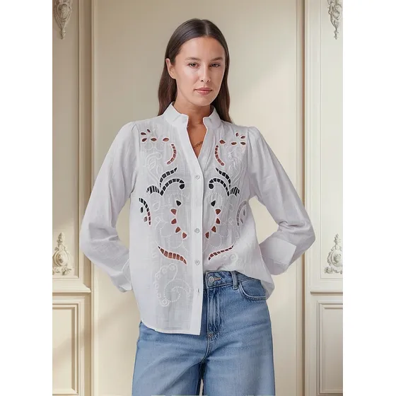 Camisa Mikonos De Lino Bordada Y Calada Gu4095 Arizona