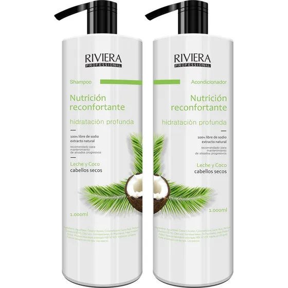 Shampoo Sin Sal Riviera Leche Y Coco Para Cabellos Secos 1L + Acondicionador Sin Sal Riviera Leche Y Coco 1L
