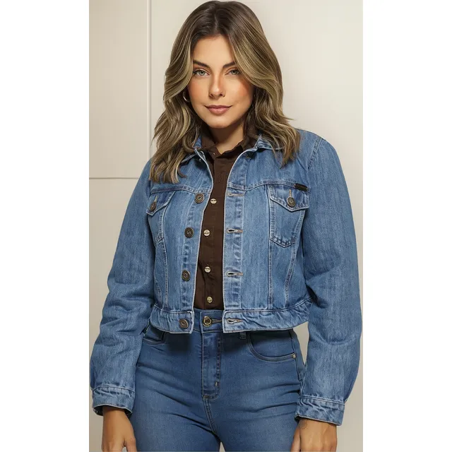 Jaqueta Feminina Jeans Algodão Casaco Manga Longa S/ Lycra