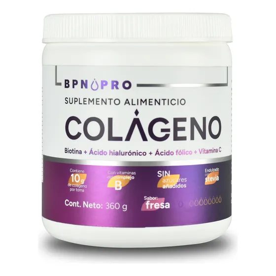 Colágeno Hidrolizado BPN PRO en Polvo con Ácido Hialurónico y Ácido Fólico, Sabor Fresa 360g Mejora tu Salud y Belleza, Fortalece Articulaciones, Piel Radiante, Suplemento Nutricional de Alta Calidad