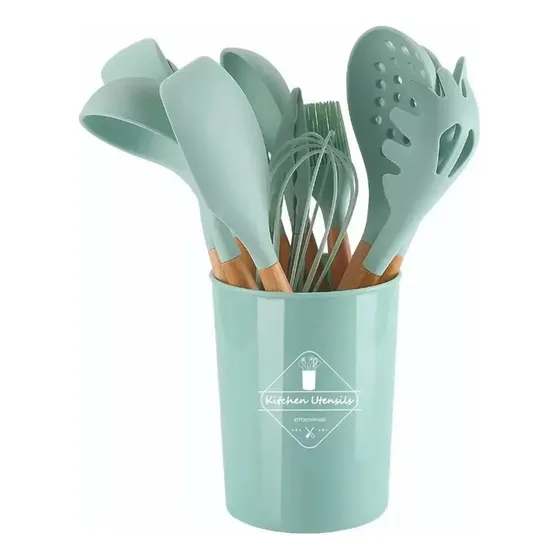 Kit Set X12 Utensilios Cocina Madera Y Silicona Excelente