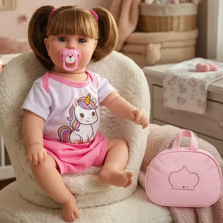 Bebê Boneca Reborn Menina Maddie Unicórnio Com Bolsa