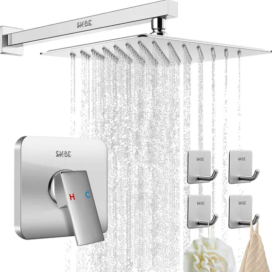 Skbe® Regadera Cuadrada Ducha Tipo Lluvia Alta Presión 20cmx20cm Acero Inoxidable Color Plateado