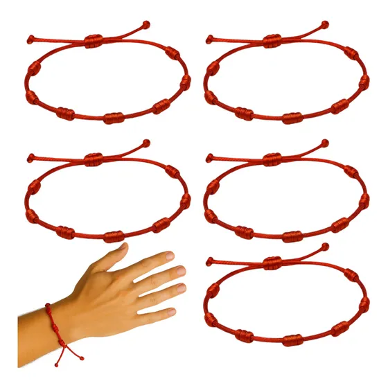 Kit 5 Pulseiras Vermelha 7 Nós Kabbalah Ajustável